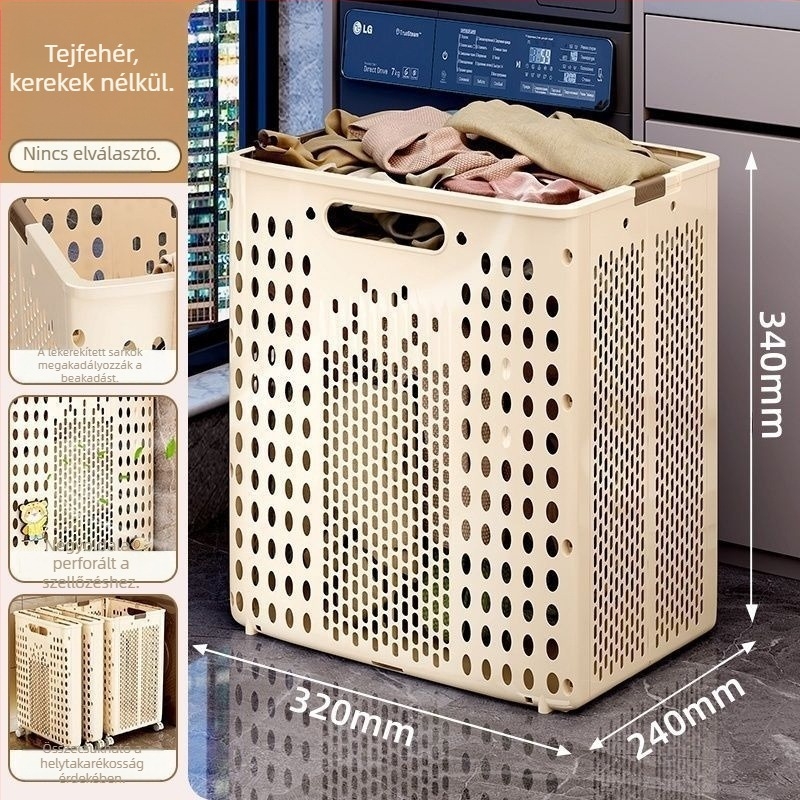 Összecsukható ruhaszennyes kosár kerekekkel, nagy kapacitás, modern minimalist dizájn a fürdőszobába