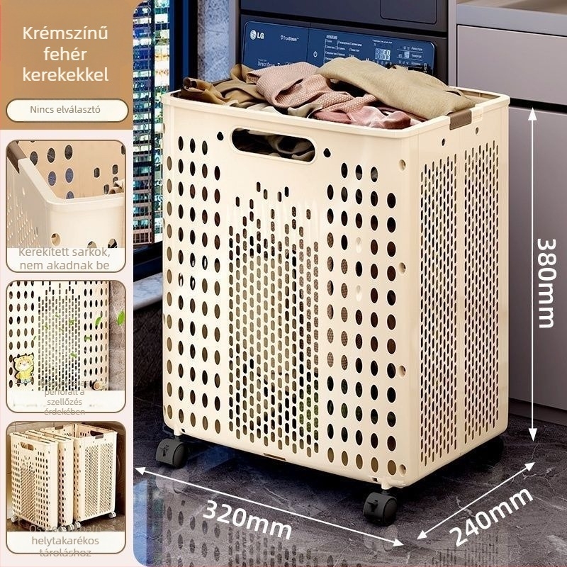 Összecsukható ruhaszennyes kosár kerekekkel, nagy kapacitás, modern minimalist dizájn a fürdőszobába