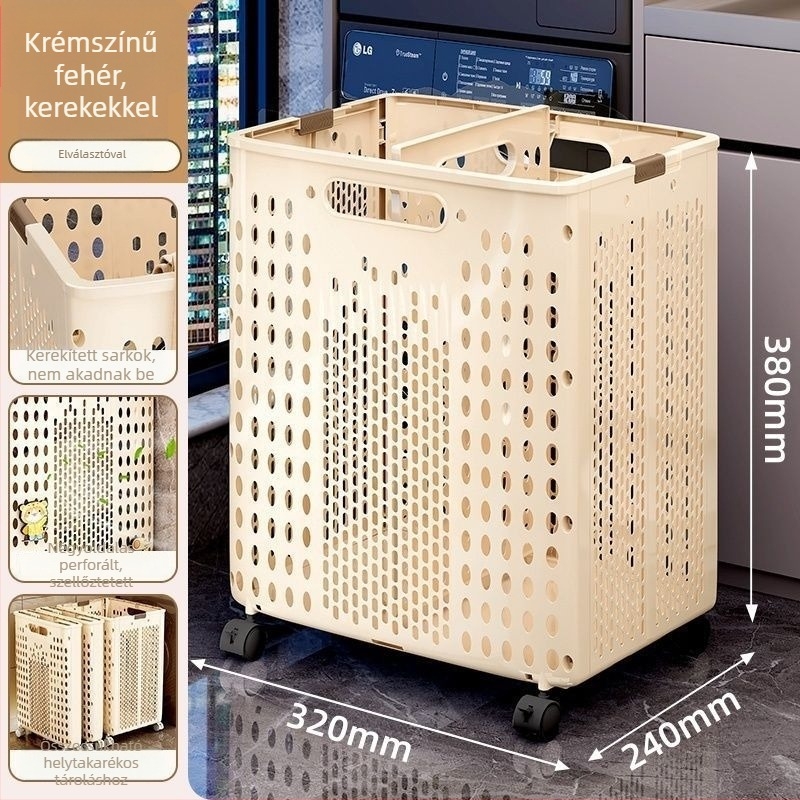 Összecsukható ruhaszennyes kosár kerekekkel, nagy kapacitás, modern minimalist dizájn a fürdőszobába