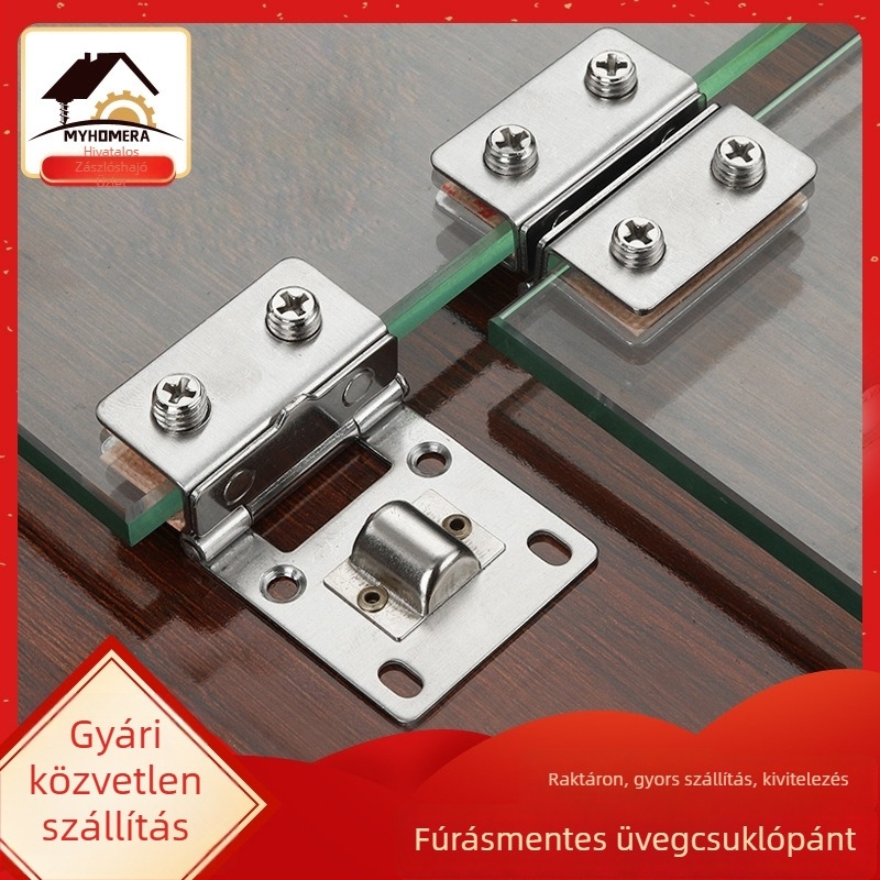 Kétszárnyú üvegajtó zsanér, szekrényajtókhoz, fúrás nélkül, 201-es rozsdamentes acél