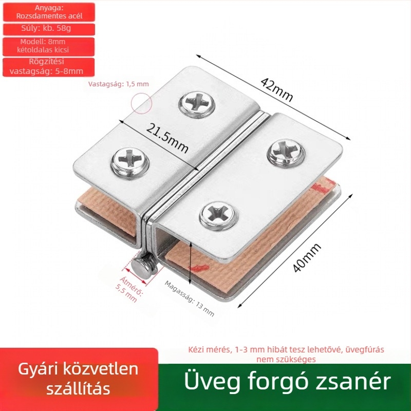 Kétszárnyú üvegajtó zsanér, szekrényajtókhoz, fúrás nélkül, 201-es rozsdamentes acél