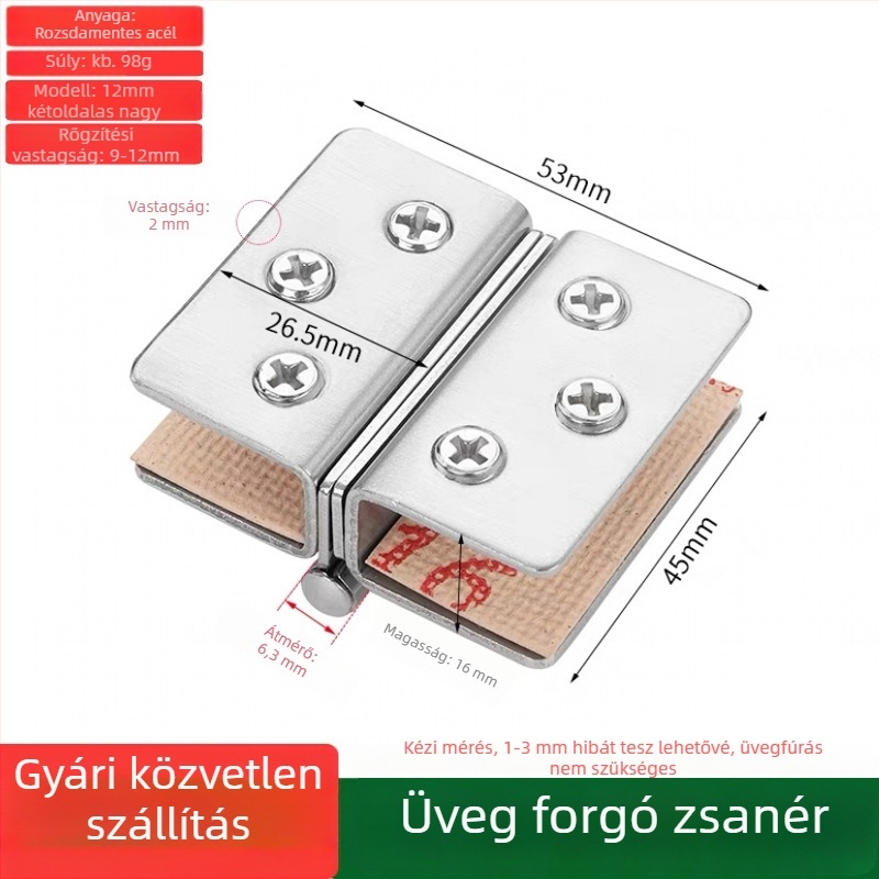 Kétszárnyú üvegajtó zsanér, szekrényajtókhoz, fúrás nélkül, 201-es rozsdamentes acél