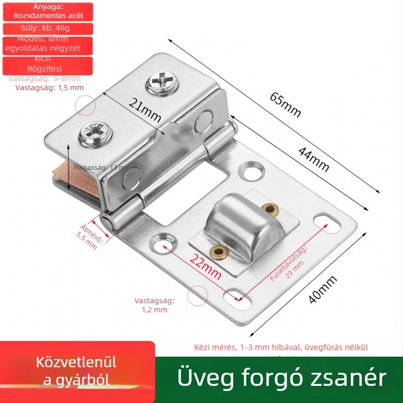 Kétszárnyú üvegajtó zsanér, szekrényajtókhoz, fúrás nélkül, 201-es rozsdamentes acél