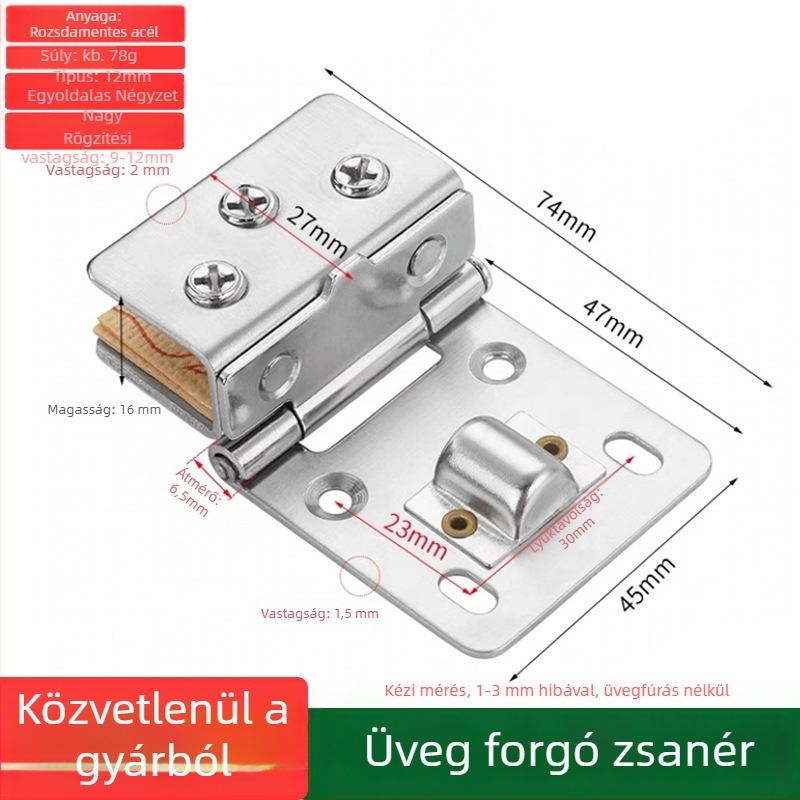Kétszárnyú üvegajtó zsanér, szekrényajtókhoz, fúrás nélkül, 201-es rozsdamentes acél