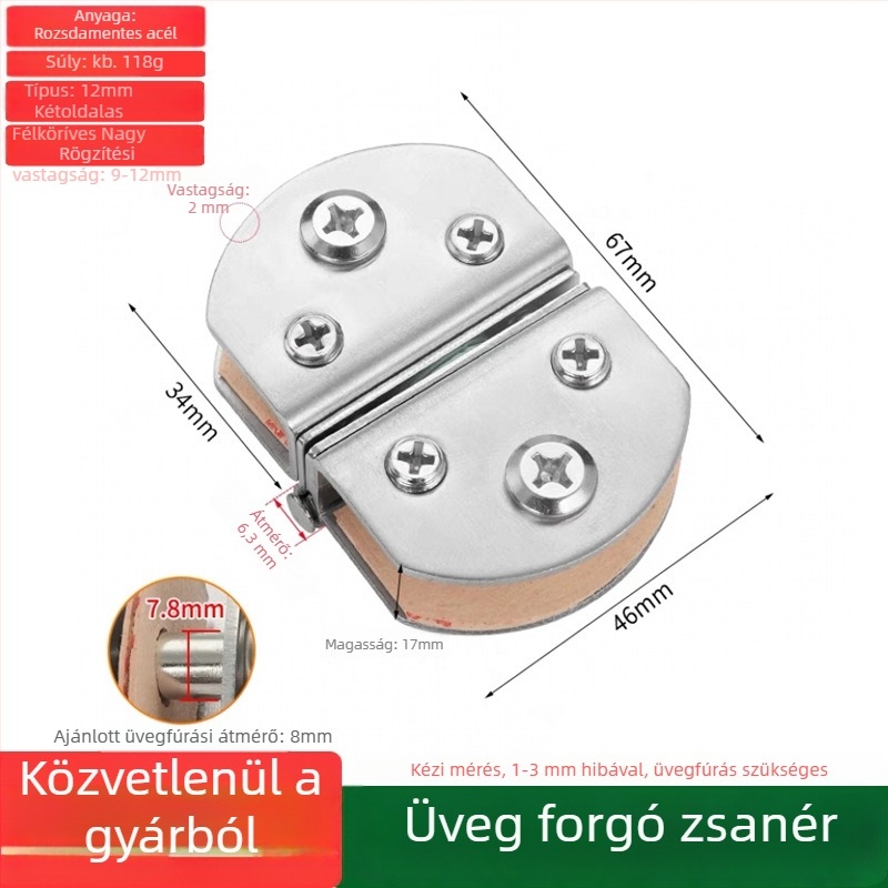 Kétszárnyú üvegajtó zsanér, szekrényajtókhoz, fúrás nélkül, 201-es rozsdamentes acél