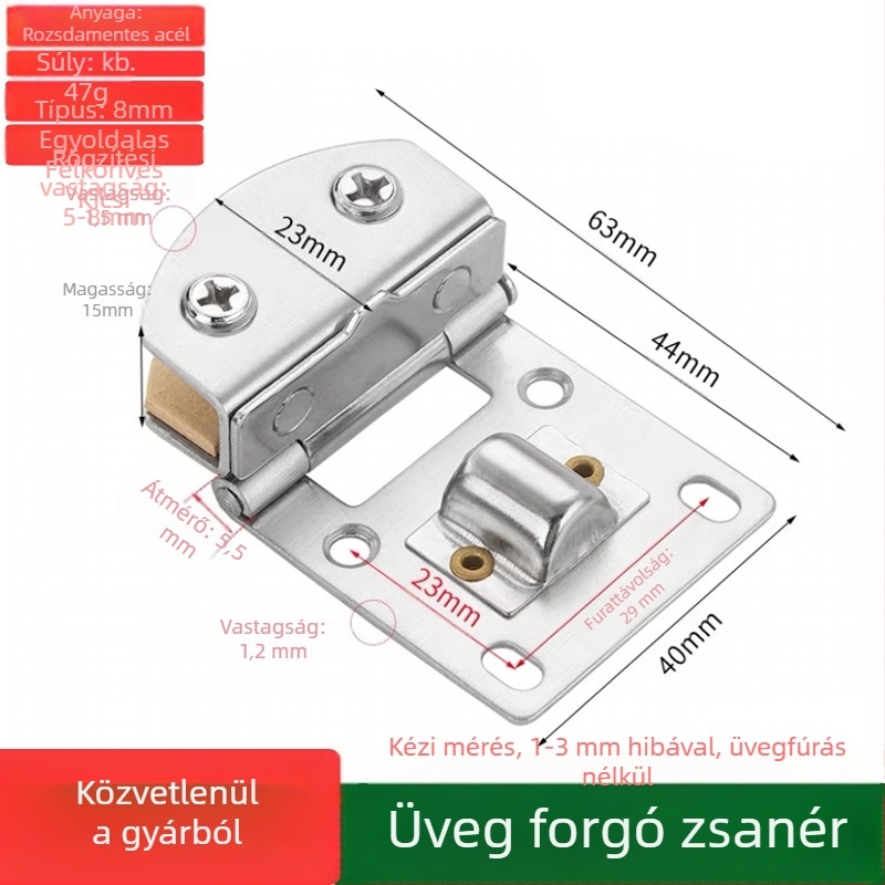 Kétszárnyú üvegajtó zsanér, szekrényajtókhoz, fúrás nélkül, 201-es rozsdamentes acél
