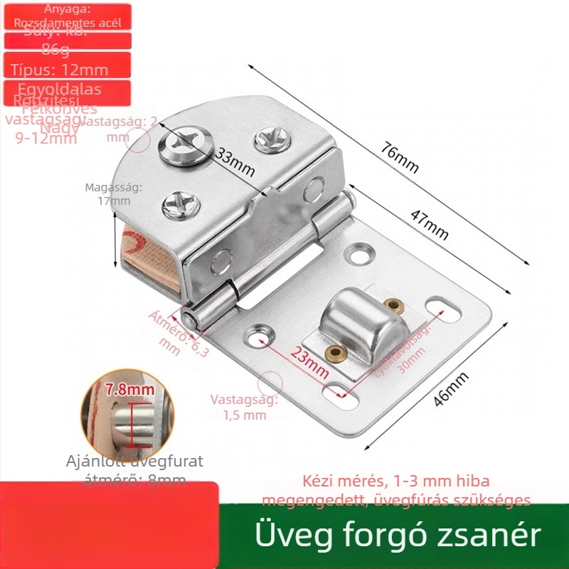 Kétszárnyú üvegajtó zsanér, szekrényajtókhoz, fúrás nélkül, 201-es rozsdamentes acél