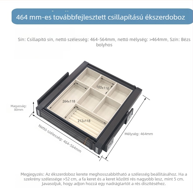 Garderob-szervező csúszó rekeszekkel, csillapító záródással és nadrágtartóval, többrekeszes tároló ratán akcentussal