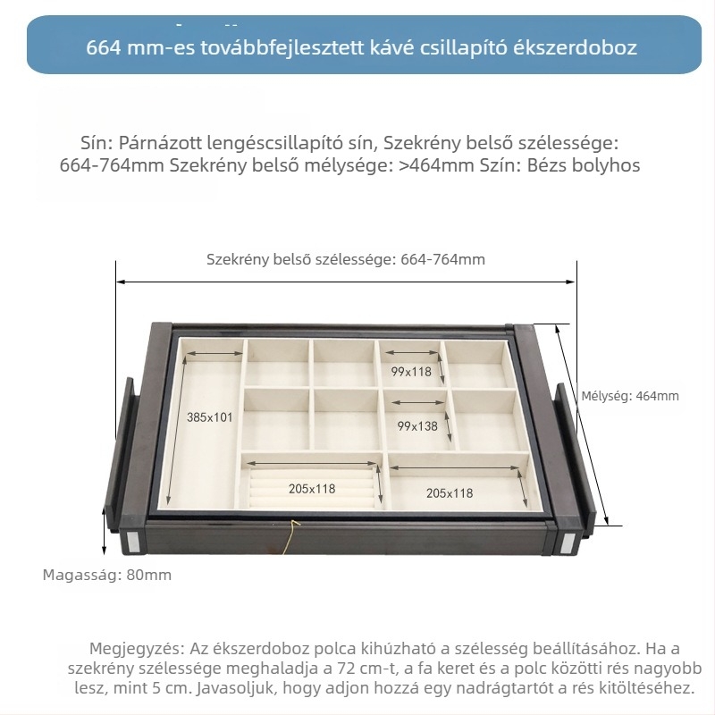 Garderob-szervező csúszó rekeszekkel, csillapító záródással és nadrágtartóval, többrekeszes tároló ratán akcentussal