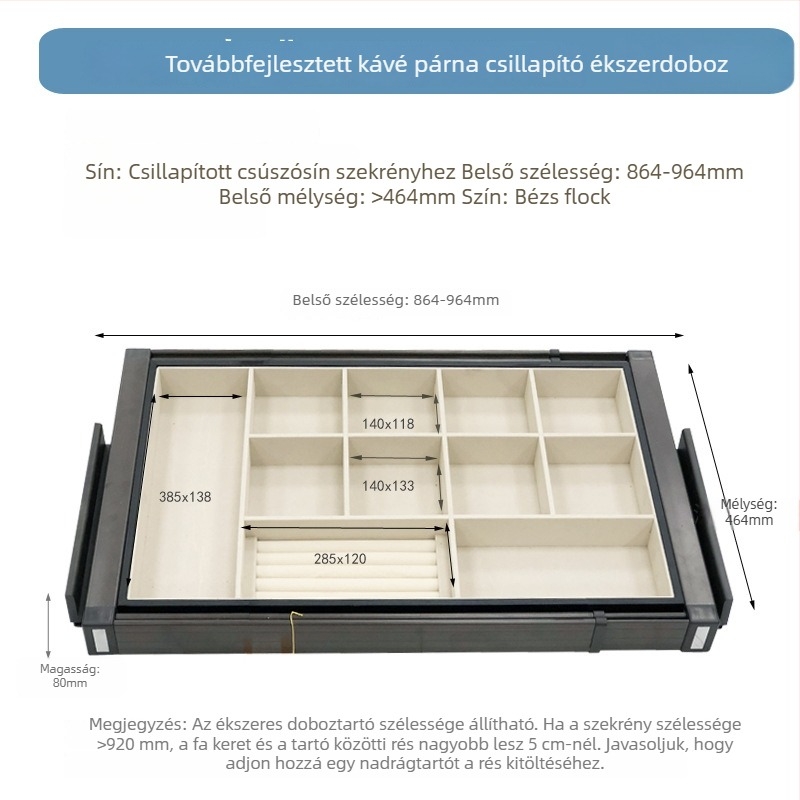 Garderob-szervező csúszó rekeszekkel, csillapító záródással és nadrágtartóval, többrekeszes tároló ratán akcentussal