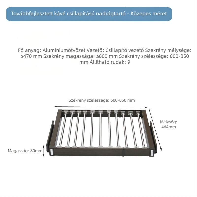 Garderob-szervező csúszó rekeszekkel, csillapító záródással és nadrágtartóval, többrekeszes tároló ratán akcentussal