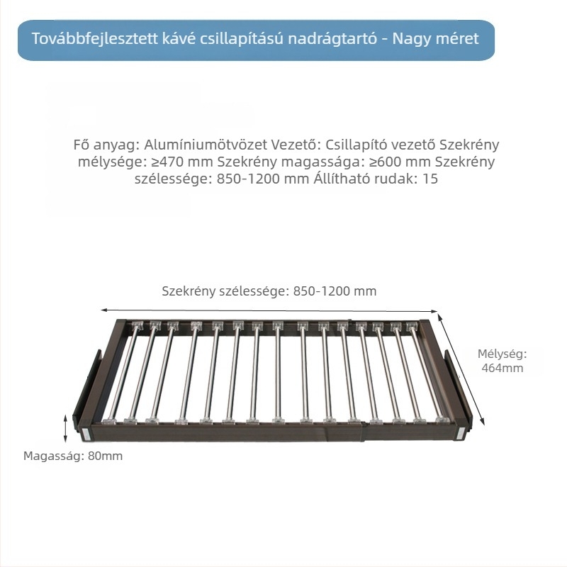 Garderob-szervező csúszó rekeszekkel, csillapító záródással és nadrágtartóval, többrekeszes tároló ratán akcentussal