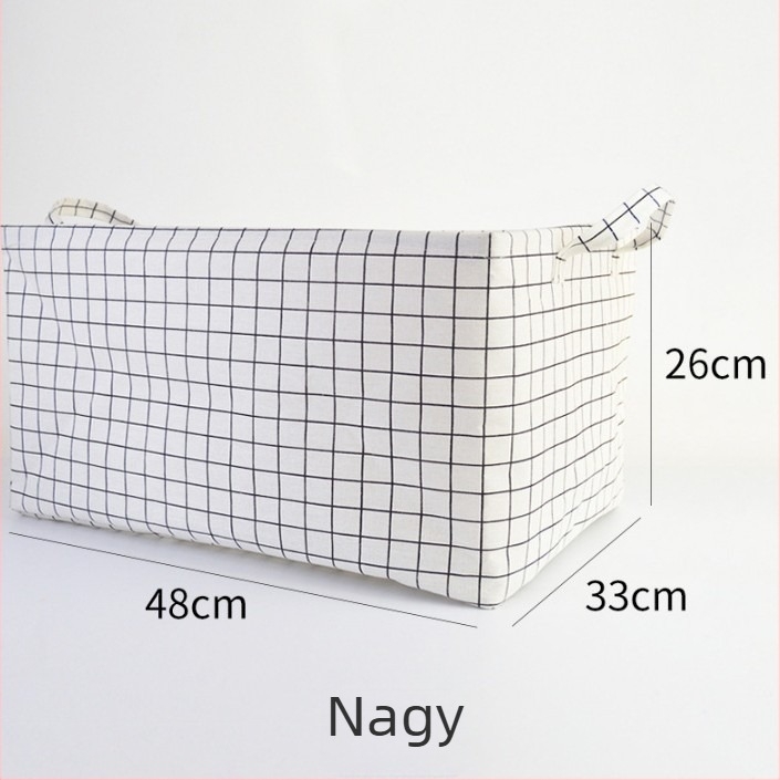 Textil tároló doboz, összecsukható, mosható, nagy kapacitású, kötőszalaggal záródó tárolókosár, pamut és vászon anyagból, minimalist dizájn