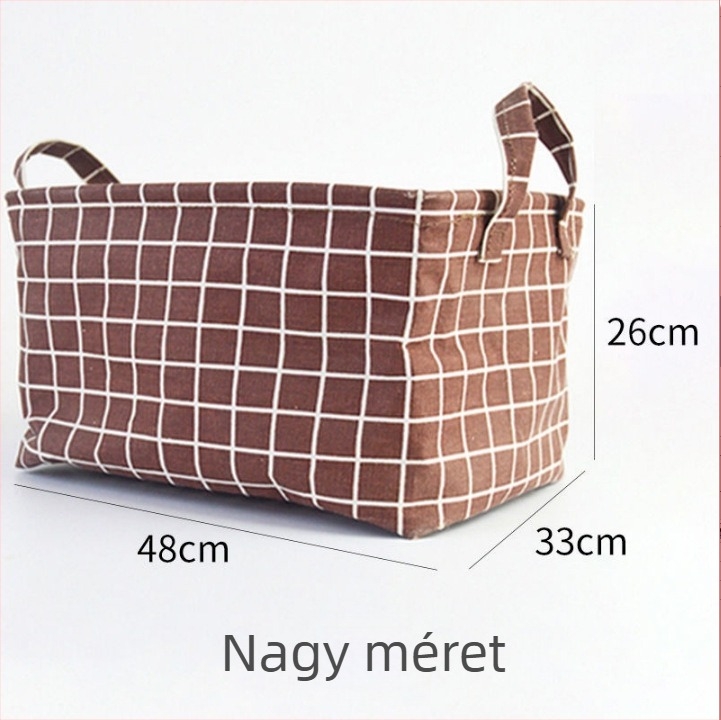 Textil tároló doboz, összecsukható, mosható, nagy kapacitású, kötőszalaggal záródó tárolókosár, pamut és vászon anyagból, minimalist dizájn