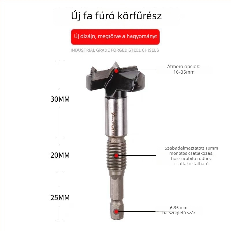 5 részes multifunkcionális farostból készített lyukfúrókészlet külső menetességgel, pórusbeton lyukfúró és hosszabbított műanyag fafúró