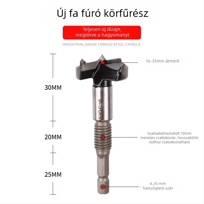 5 részes multifunkcionális farostból készített lyukfúrókészlet külső menetességgel, pórusbeton lyukfúró és hosszabbított műanyag fafúró