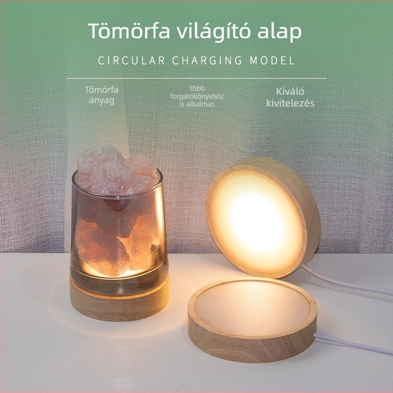 Kör alakú LED-es tömörfa alap borospalack kiállításához, vezeték nélküli DIY éjszakai fény, kristály lábazat
