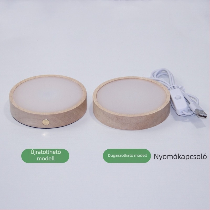 Kör alakú LED-es tömörfa alap borospalack kiállításához, vezeték nélküli DIY éjszakai fény, kristály lábazat