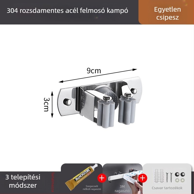 Rozsdamentes acél mopklip falra szerelhető, fúrás nélküli tartó