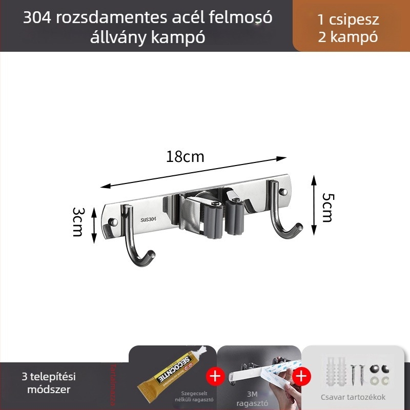 Rozsdamentes acél mopklip falra szerelhető, fúrás nélküli tartó