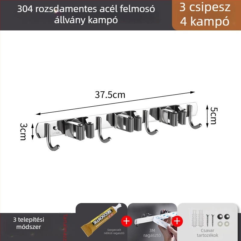 Rozsdamentes acél mopklip falra szerelhető, fúrás nélküli tartó