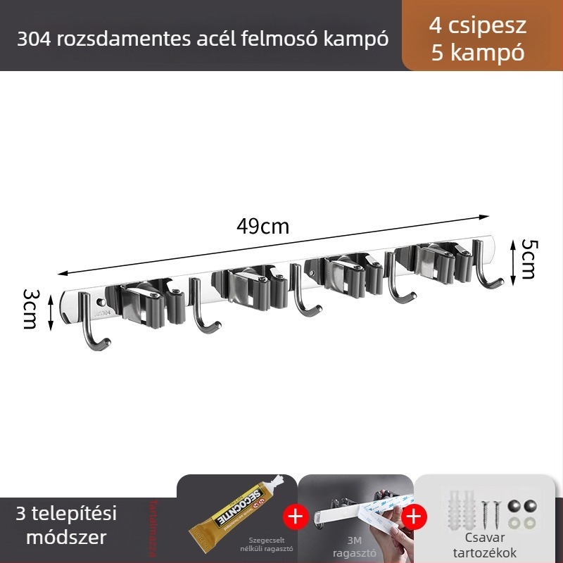 Rozsdamentes acél mopklip falra szerelhető, fúrás nélküli tartó