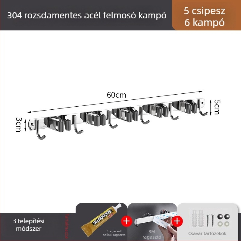 Rozsdamentes acél mopklip falra szerelhető, fúrás nélküli tartó