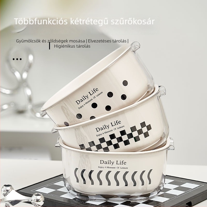 Kétszintes multifunkcionális leszűrőkosár a konyhába, gyümölcs- és zöldségmosó kosár, átlátszó gyümölcstál