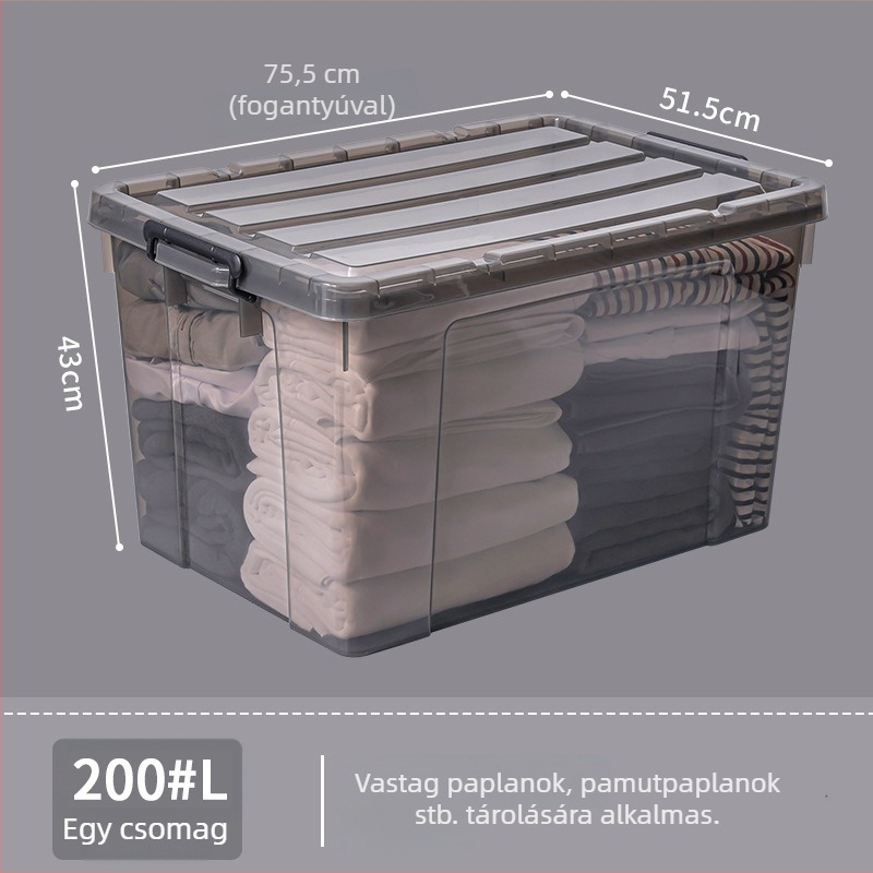 Extra nagy átlátszó műanyag tároló doboz fedéllel ruhákhoz, háztartási használatra, megerősített