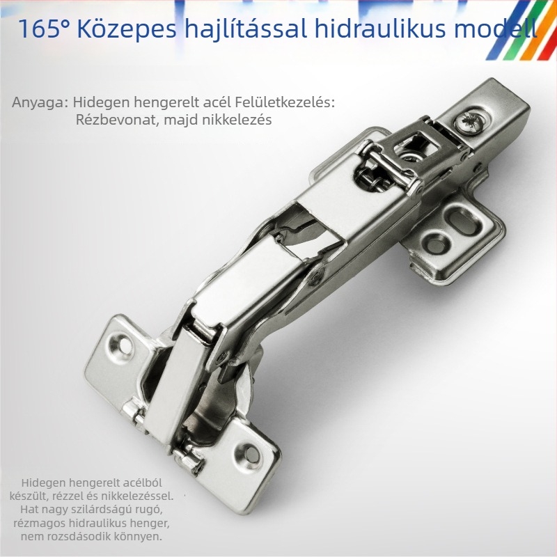 Különleges alakú szekrényajtó pántok állítható szögekkel: 165°, 135°, 90° és ±45°, csillapítóval és hidraulikus működtetéssel.