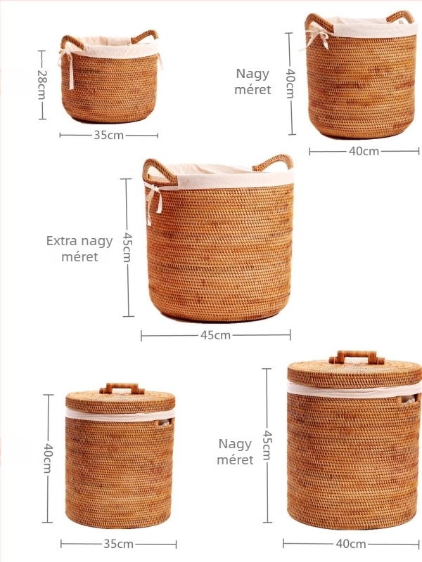 Nagy rattanból készült ruhaszennyes kosár fedővel, japán stílusú, könnyű luxus