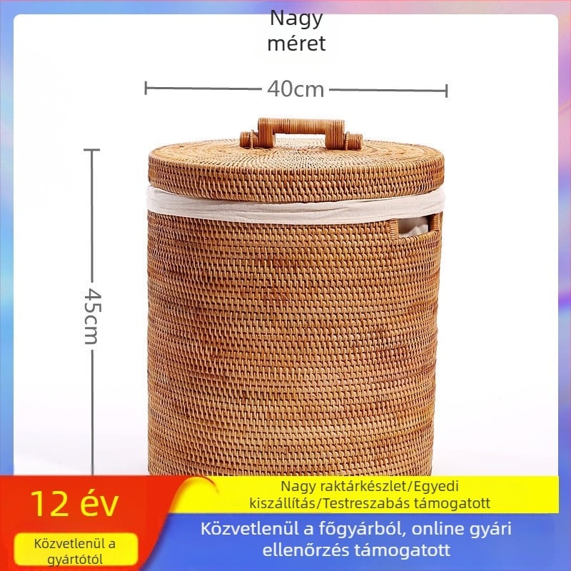 Nagy rattanból készült ruhaszennyes kosár fedővel, japán stílusú, könnyű luxus
