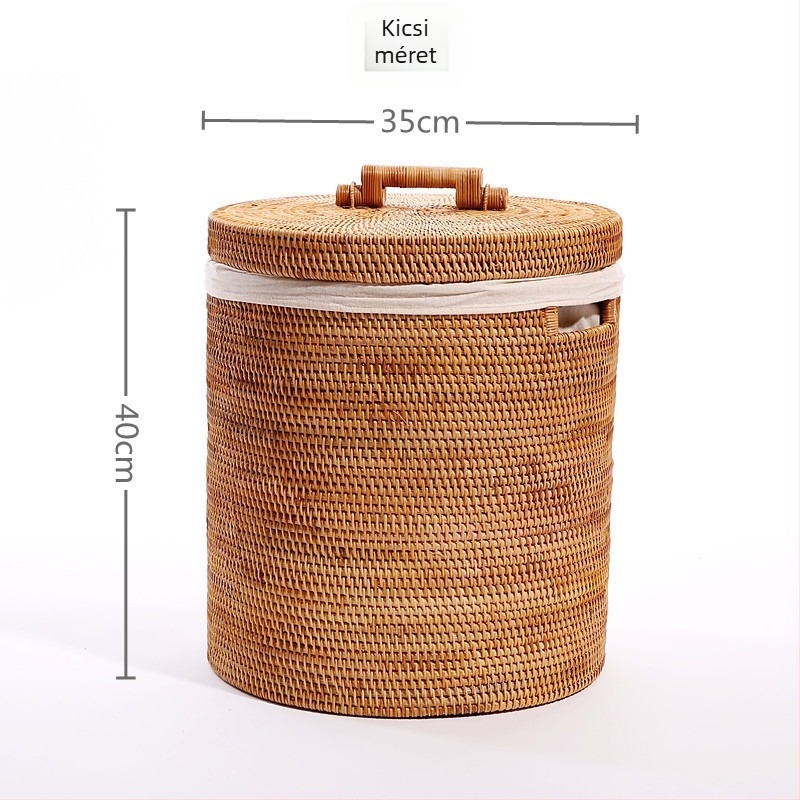Nagy rattanból készült ruhaszennyes kosár fedővel, japán stílusú, könnyű luxus