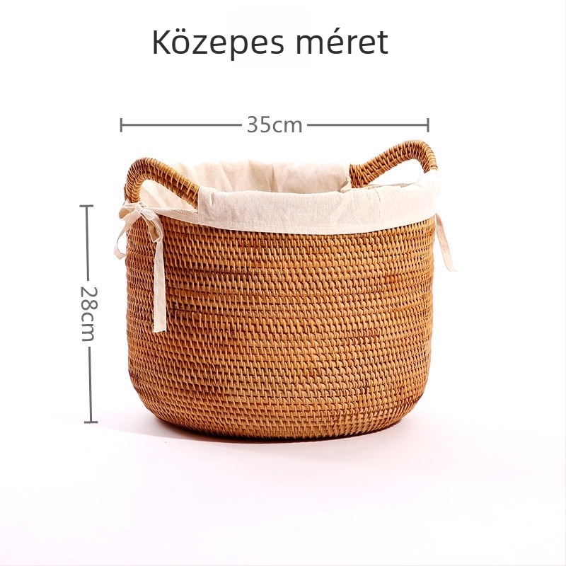 Nagy rattanból készült ruhaszennyes kosár fedővel, japán stílusú, könnyű luxus