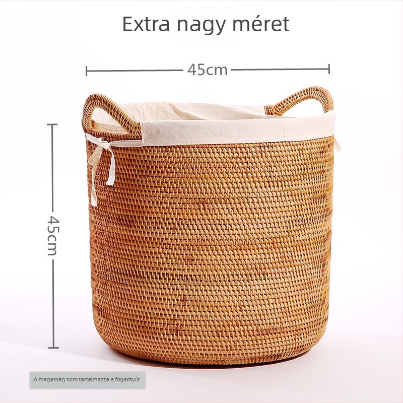 Nagy rattanból készült ruhaszennyes kosár fedővel, japán stílusú, könnyű luxus