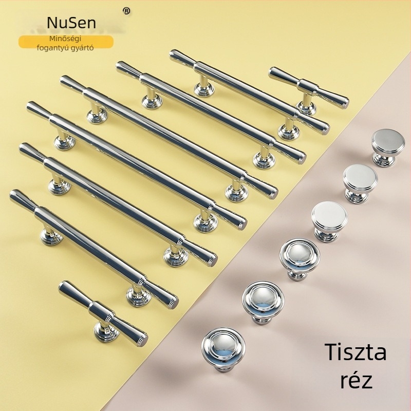 Krómozott réz gardrób kilincs, francia modern minimalist stílus, egy furatú kivitel, teljesen rézből