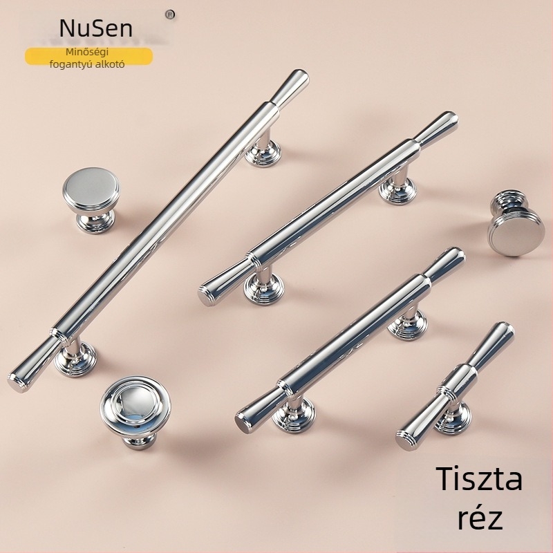 Krómozott réz gardrób kilincs, francia modern minimalist stílus, egy furatú kivitel, teljesen rézből