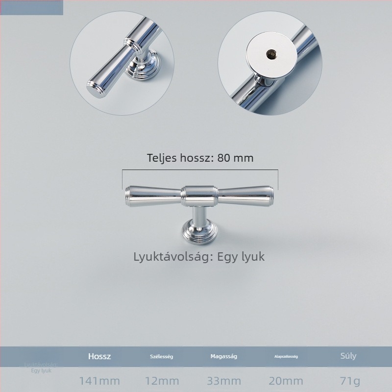 Krómozott réz gardrób kilincs, francia modern minimalist stílus, egy furatú kivitel, teljesen rézből