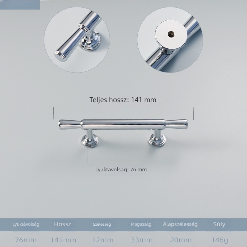 Krómozott réz gardrób kilincs, francia modern minimalist stílus, egy furatú kivitel, teljesen rézből