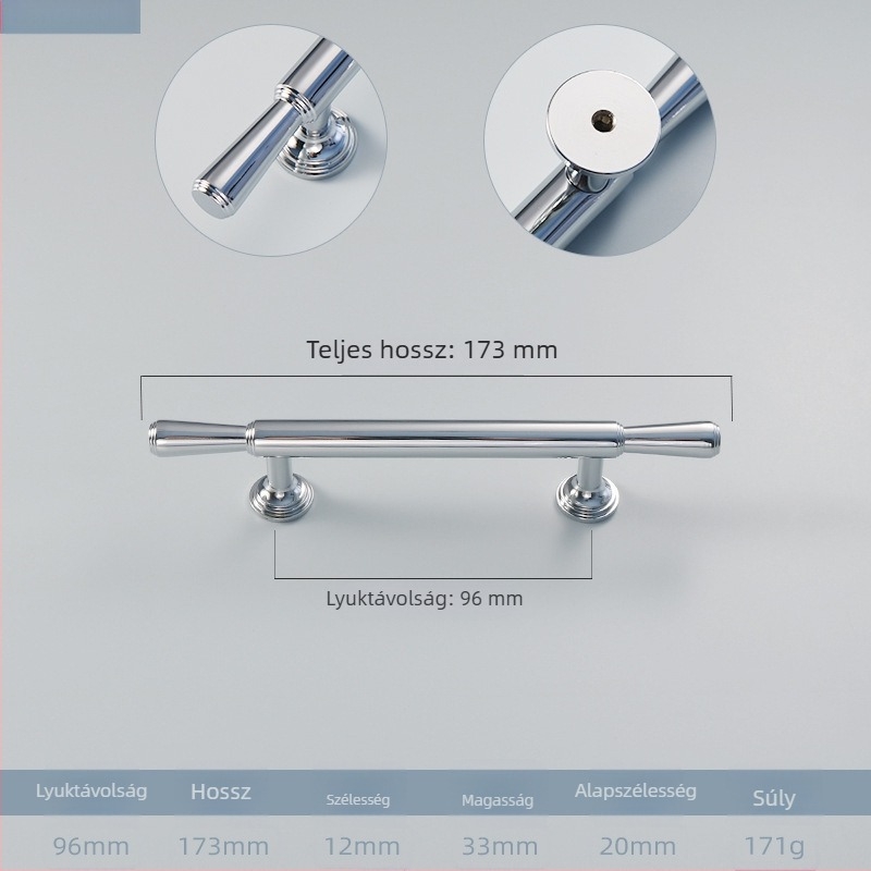 Krómozott réz gardrób kilincs, francia modern minimalist stílus, egy furatú kivitel, teljesen rézből