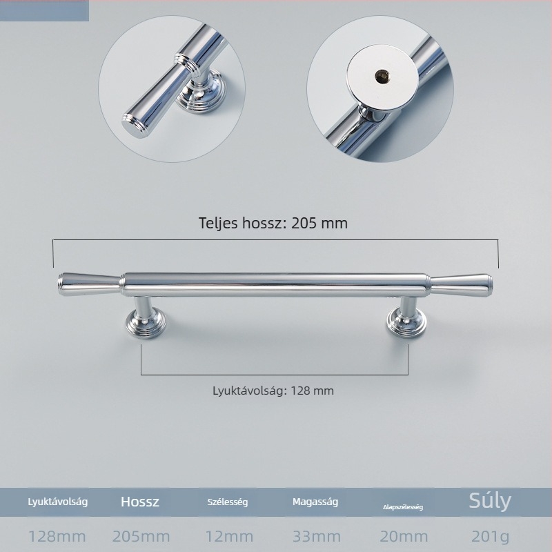 Krómozott réz gardrób kilincs, francia modern minimalist stílus, egy furatú kivitel, teljesen rézből