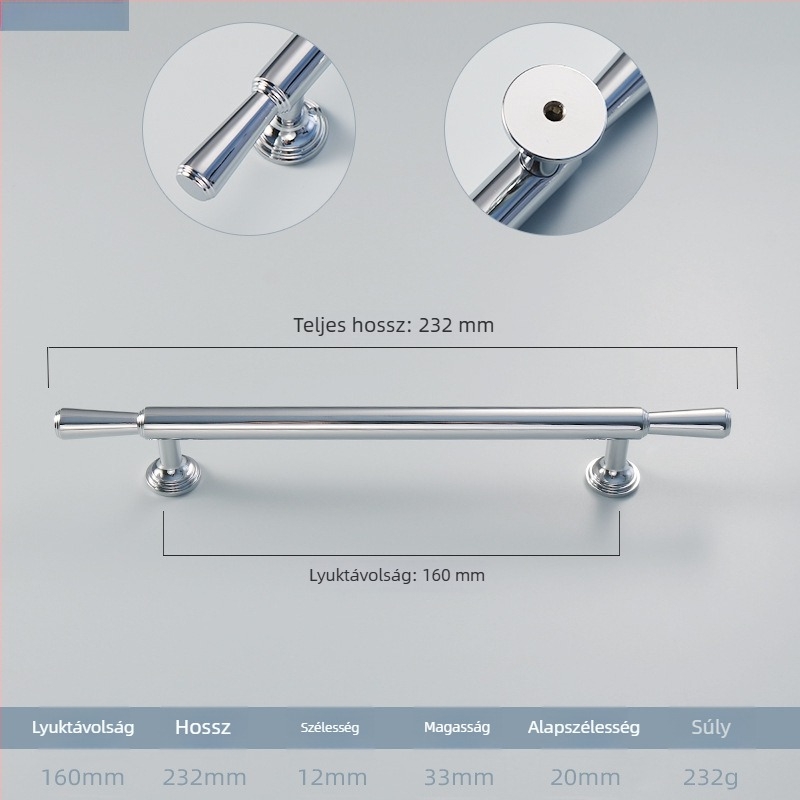Krómozott réz gardrób kilincs, francia modern minimalist stílus, egy furatú kivitel, teljesen rézből
