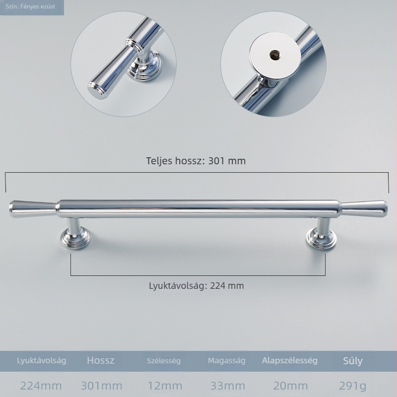 Krómozott réz gardrób kilincs, francia modern minimalist stílus, egy furatú kivitel, teljesen rézből