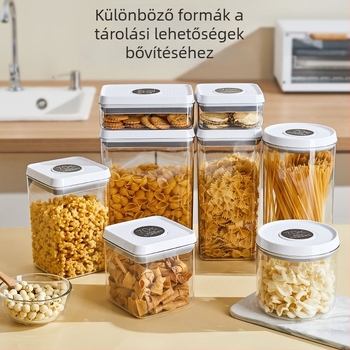 Műanyag élelmiszer-minőségű nyomás-záródású tárolóedény gabonákhoz, nassolnivalókhoz, teához, kávéhoz és cukorkákhoz