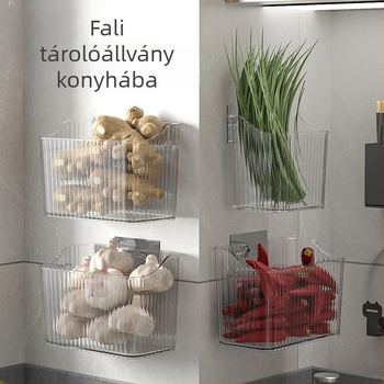Konyhai falra szerelhető tárolókosár gyömbérhez, fokhagymához, hagymához és fűszerekhez
