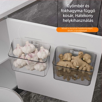 Konyhai falra szerelhető tárolókosár gyömbérhez, fokhagymához, hagymához és fűszerekhez