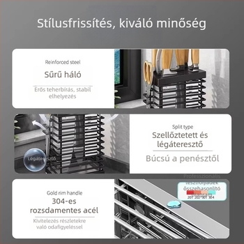 Rozsdamentes acél konyhai falra szerelhető tároló, integrált kés- és evőpálcika tartóval – multifunkcionális munkafelület rendező