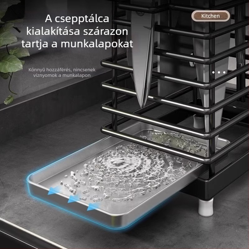 Rozsdamentes acél konyhai falra szerelhető tároló, integrált kés- és evőpálcika tartóval – multifunkcionális munkafelület rendező