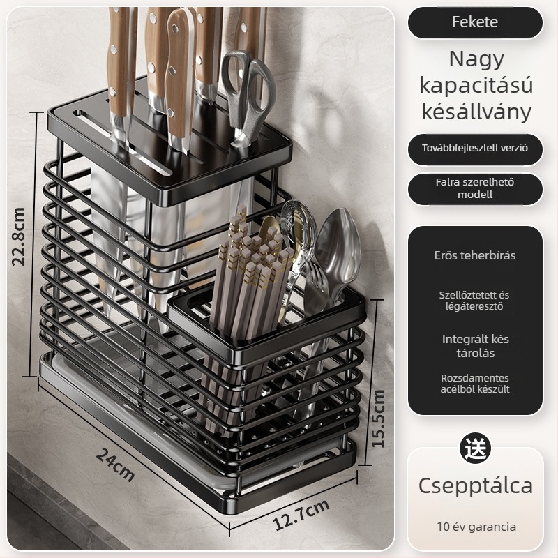 Rozsdamentes acél konyhai falra szerelhető tároló, integrált kés- és evőpálcika tartóval – multifunkcionális munkafelület rendező