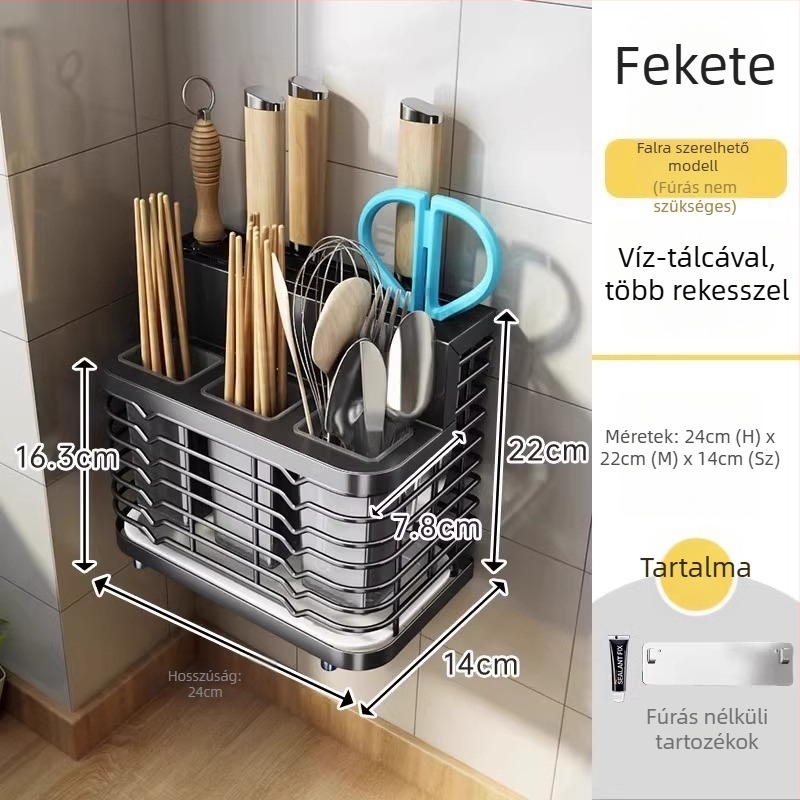 Rozsdamentes acél konyhai falra szerelhető tároló, integrált kés- és evőpálcika tartóval – multifunkcionális munkafelület rendező